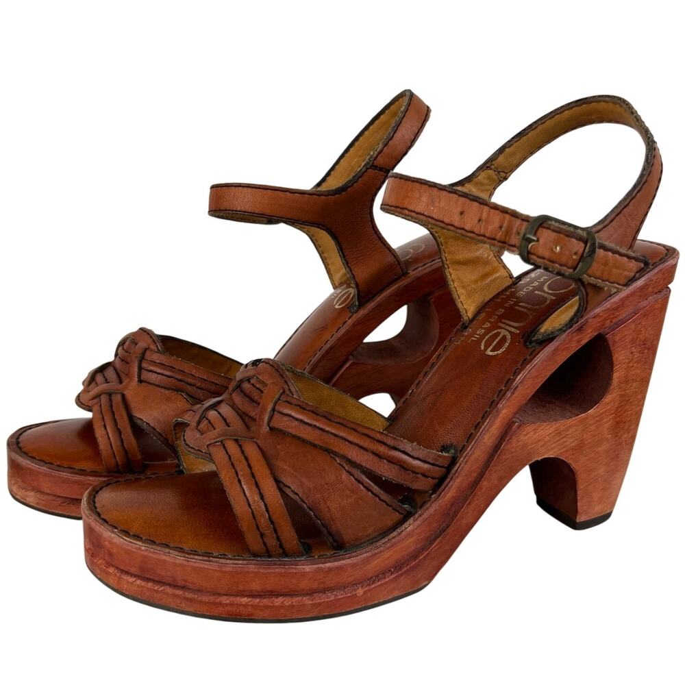 Vintage 70s 80s Connie Leather Boho Retro Wooden Platform Heels (Sz 7.5)
